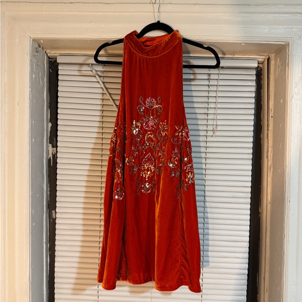 Embroidered Orange Velvet Halter Dress - Free People - Picture 2 of 5